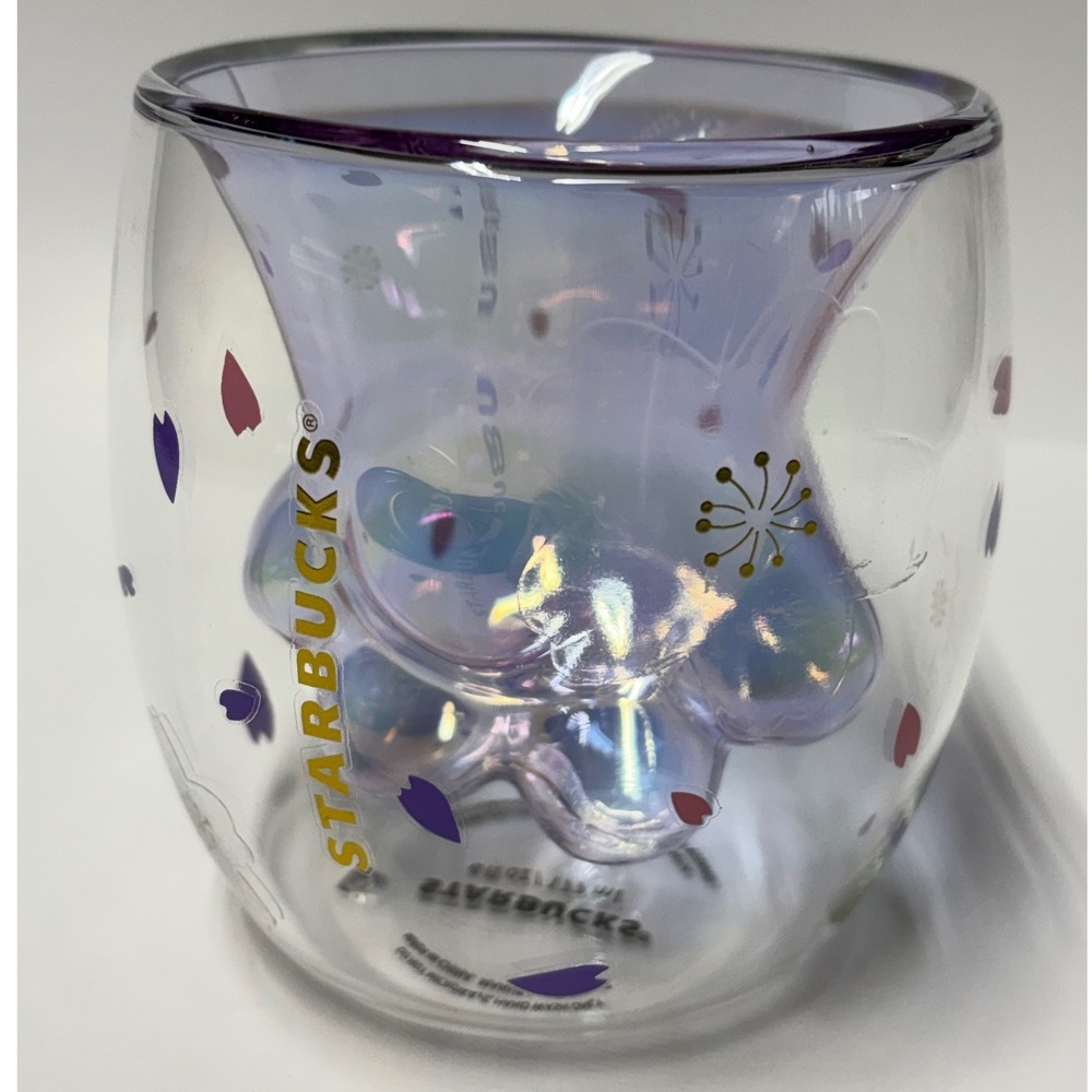 Starbucks Cat Paw Cup Purple Iridescent Cherry Blossom Double Wall Glass 6oz